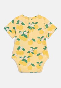 Κίτρινο μωρουδιακό φορμάκι με κοντά μανίκια, διακοσμημένο με εκτύπωση λεμονιών και λευκών λουλουδιών, με τρία κουμπιά ασφαλείας στο πίσω μέρος.