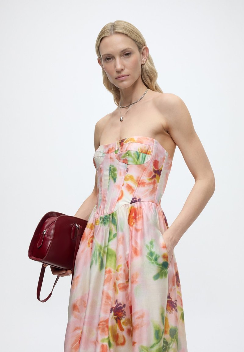 strapless open back dress Pink Floral Bardot Tiered Maxi Dress