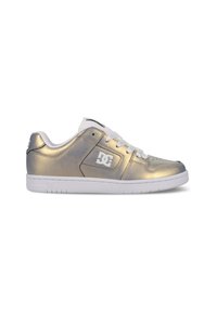 Metallic gold sneaker with white accents, featuring a flat rubber sole, lace-up closure, and a prominent logo on the side.