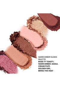 Six warm-toned nude eyeshadow swatches in pink, bronze, beige, and brown shades with names listed beside them on a white background.
