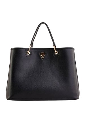 Borsa a mano in pelle nera testurizzata con due manici, dettagli dorati e un piccolo logo triangolare dorato al centro davanti.