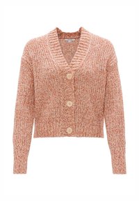 Neuleviittaa oranssi- ja beigepohjaisissa sävyissä, jossa syvä V-kaula-aukko, pitkät hihat ja kolme puista nappia edessä. Teksturoitu kuvio.