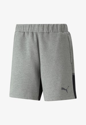 Harmaat urheilusortsit, jotka on valmistettu pehmeästä kankaasta, jossa on joustava vyötärö, sivutaskut ja tummansininen paneeli mustalla logokoristeella.