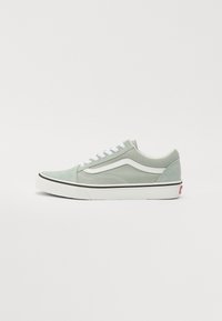 Sneaker in suede verde chiaro con accenti bianchi, punta tonda, suola nera e lacci. Presenta un design classico da skate e logo sul tallone.