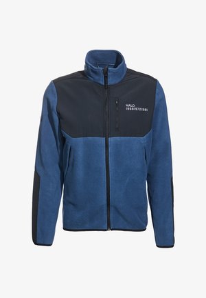 Blauwe fleecejas met een zwart bovenstuk, hoge kraag, ritssluiting aan de voorkant en een ritszak op de borst. Heeft zwarte accenten op de mouwen.