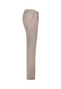 Beżowe bawełniane spodnie z prostymi nogawkami, z dwoma guzikami w pasie oraz tylną kieszenią z zapięciem na guzik.