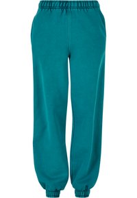 Teal joggebukser laget av mykt materiale med elastisk midje, smale mansjetter og sidelommer. Glatt tekstur og minimalistisk design.