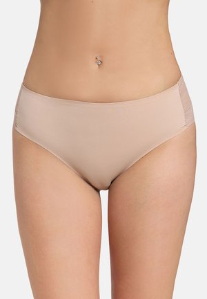 Beige bikini-style underwear with smooth fabric, featuring lace accents on the sides and a high-cut leg design. Soft texture and no visible seams.