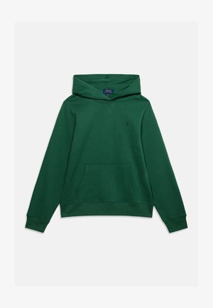 Ciemnozielona bluza z kapturem, przednią kieszenią, długimi rękawami oraz małym haftowanym logo po lewej stronie klatki piersiowej.