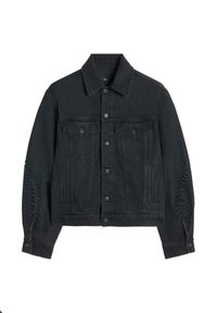 Czarna kurtka dżinsowa zapinana na guziki, z dwoma kieszeniami na piersiach z patkami, kieszeniami bocznymi oraz ażurowym wykończeniem na obu rękawach.