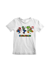 Bílý bavlněný tričko s barevným grafickým potiskem čtyř postav: Maria, Luigia, Yoshiho a Toady, s textem "SUPER MARIO" pod ním.
