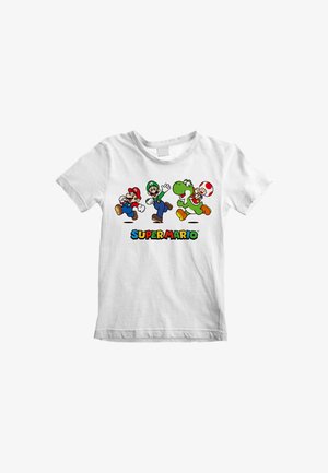 Weißes Baumwoll-T-Shirt mit buntem Grafikdruck von vier Charakteren: Mario, Luigi, Yoshi und Toad, mit dem Text "SUPER MARIO" darunter.