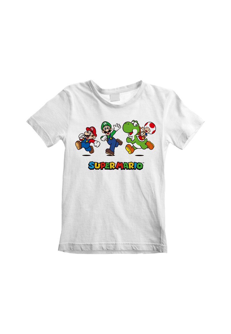 Bílý bavlněný tričko s barevným grafickým potiskem čtyř postav: Maria, Luigia, Yoshiho a Toady, s textem "SUPER MARIO" pod ním.