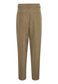 Spodnie z teksturowanej brązowej tkaniny, o prostym kroju, z dwoma tylnymi kieszeniami i płaskim przodem. Dopasowany detal w pasie.