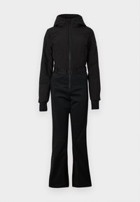 Macacão de ski preto, com capuz, fecho frontal, cinto ajustável, mangas longas, bolsos com fecho e pernas de calças alargadas.