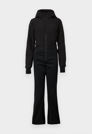 Černý lyžařský overal s kapucí, předním zipem, nastavitelním pásem, dlouhými rukávy, zipovými kapsami a rozšířenými nohavicemi.