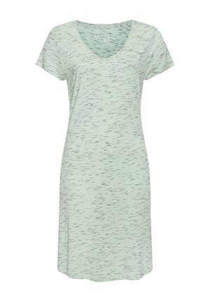 Hellgrünes Kurzarmkleid mit schwarzem Sprenkelmuster und V-Ausschnitt, knielang, lässiger Stil.