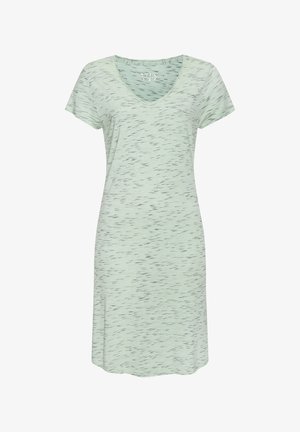 Hellgrünes Kurzarmkleid mit schwarzem Sprenkelmuster und V-Ausschnitt, knielang, lässiger Stil.