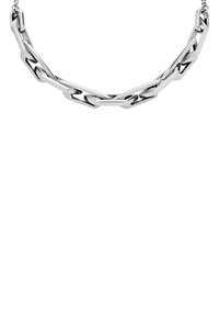 Collana in argento con catena caratterizzata da anelli geometrici interconnessi, finitura lucida e una texture liscia e riflettente.