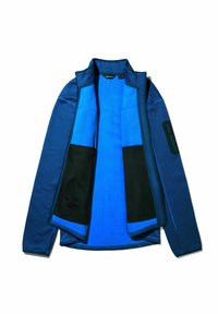 Blaue Jacke mit einer strukturierten Außenschicht, kontrastierender blauer Fleece-Innenausstattung, schwarzen Mesh-Taschen und hohem Kragen. Mit Reißverschluss.