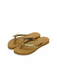 Brown flip-flops with textured footbeds, metallic brown straps, and green and clear jeweled lizard accents on the straps.