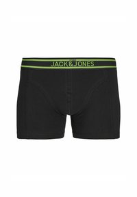 Boxer shorts in cotone nero con una vita a righe verdi e nere che presenta il logo "JACK & JONES", vestibilità standard e dettagli di cucitura.