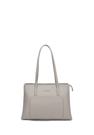 Borsa a mano rettangolare in pelle grigio chiaro con doppi lunghi manici, tasca frontale e chiusura con cerniera nella parte superiore.