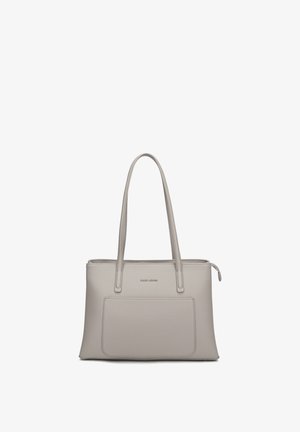 Light gray rectangular leather handbag with long double straps, front pocket, and zipper closure at top.