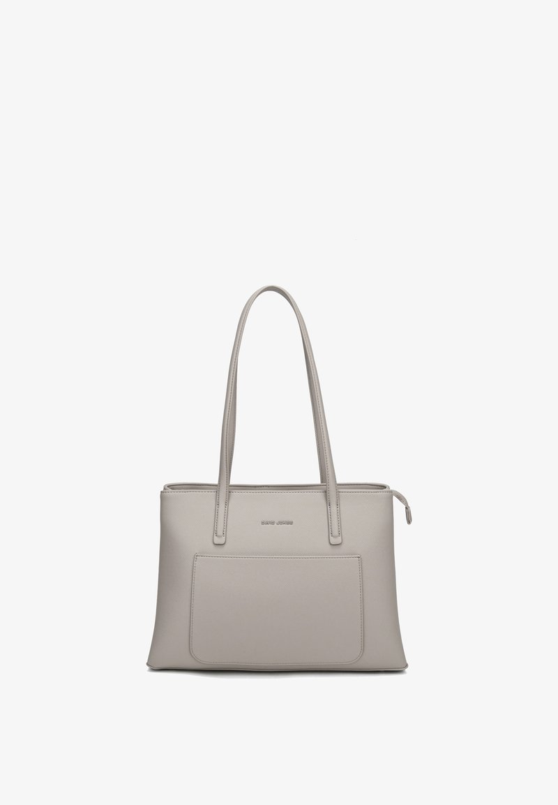 Sac à main rectangulaire en cuir gris clair avec longues bretelles doubles, poche avant et fermeture éclair en haut.