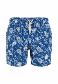 Pantaloni da nuoto blu con motivi bianchi di foglie tropicali e conchiglie, vita elastica con cordino e un tessuto morbido e textured.