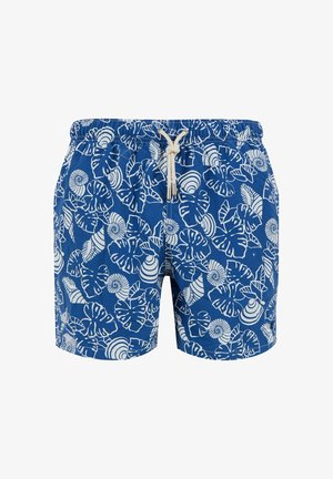 Pantaloni da nuoto blu con motivi bianchi di foglie tropicali e conchiglie, vita elastica con cordino e un tessuto morbido e textured.