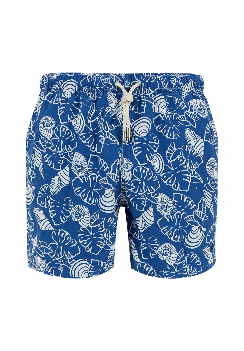 Pantaloni da nuoto blu con motivi bianchi di foglie tropicali e conchiglie, vita elastica con cordino e un tessuto morbido e textured.