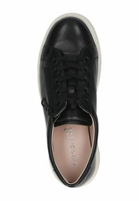 Black leather sneaker with lace-up front and zip detail, featuring a rounded toe and white rubber sole. Inside is light-colored.