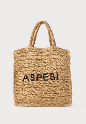 Πλεκτή τσάντα ώμου από ψάθα με δύο χειρολαβές και το λογότυπο "ASPESI" κεντημένο με μαύρα γράμματα στην μπροστινή πλευρά, πάνω σε απλό φόντο.