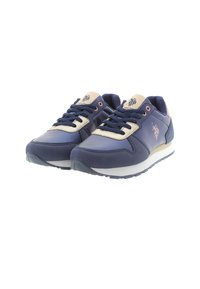 Dunkelblaue Sportschuhe aus synthetischem Material, mit einer cremefarbenen Zunge, rosafarbenen Akzenten und einer strukturierten Gummisohle.