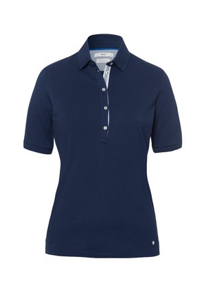 Navy blue polo shirt with a collar, short sleeves, three-button placket, and a contrasting inner collar detail. Made of smooth fabric.