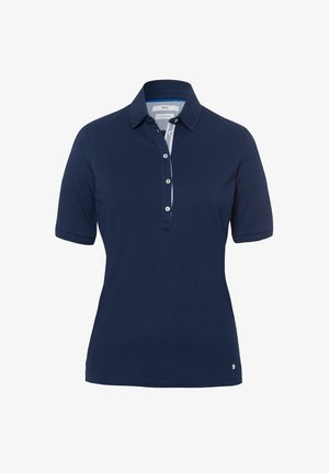 Dunkelblaues Poloshirt mit Kragen, kurzen Ärmeln, drei-Knopf-Leiste und einem kontrastierenden Innenkragen-Detail. Aus glattem Stoff gefertigt.