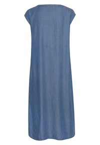Abito in denim di un blu chiaro, lunghezza ginocchio con maniche a cappuccio, scollatura rotonda e una texture liscia. Caratterizzato da linee semplici e pulite.