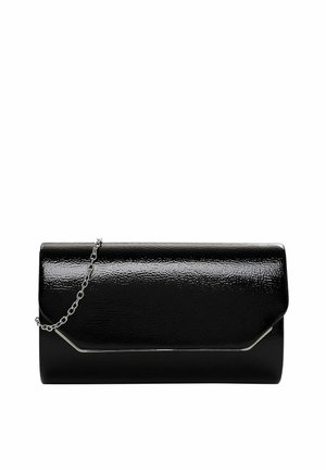 Bolso clutch rectangular negro brillante con cadena plateada y sutil borde plateado a lo largo del borde de la solapa.