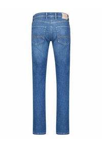 Moderne blaue Jeans aus Denim mit geradem Bein. Sichtbare Rücktaschennaht und ein Etikett am Bund. Glatte Textur ohne Verzierungen.