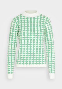 Maglione verde e bianco con motivo a diamante, maniche lunghe e colletto a coste bianco. Realizzato in materiale morbido e testurizzato.
