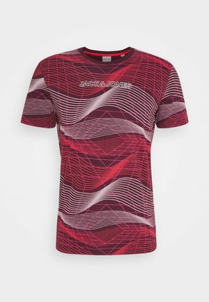 Maroon t-shirt with red and white wavy line patterns and "JACK & JONES" text centered on the chest.
