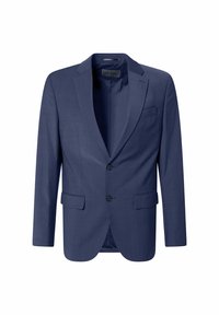 Marineblauwe blazer met een gesneden revers, enkele knoopsluiting en twee voorkantenzakken, rechtopstaand tegen een witte achtergrond.