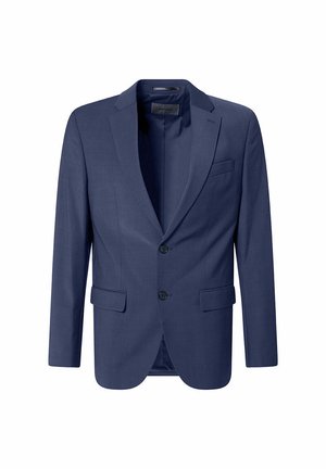 Dunkelblauer Blazer mit aufgeschlagenem Revers, Ein-Knopf-Verschluss und zwei Fronttaschen, frontal vor einem weißen Hintergrund präsentiert.