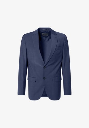 Blazer bleu marine avec un col cranté, fermeture à un bouton et deux poches avant, présenté de face sur un fond blanc.