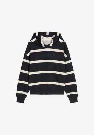 Granatowy hoodie z kremowymi poziomymi paskami, z kapturem na sznurki i haftowanym logo z przodu. Wykonany z miękkiej mieszanki bawełny.