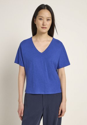Blue V-neck T-shirt with short sleeves, made from lightweight fabric. Loose fit with a smooth texture. Plain design, no visible patterns or accents.