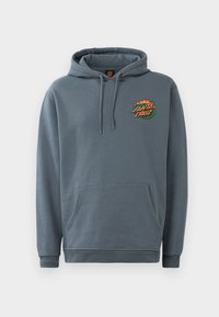 Felpa grigia con tasca a marsupio, cappuccio con stringa regolabile e logo "Santa Cruz" stampato in colori vivaci sul petto.