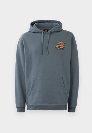Grijze hoodie met een buidelzak, verstelbare trekkoordkap en een bedrukt "Santa Cruz" logo in levendige kleuren op de borst.