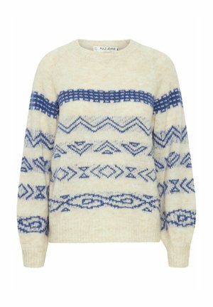Kremasti džemper s plavim geometrijskim uzorcima, s okruglom izrezom, dugim rukavima i mekim, teksturiranim finišem.